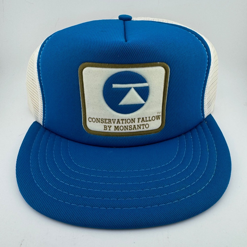 Vintage Monsanto Mens Trucker Hat OSFM Blue White Mesh Snapback Agriculture Cap